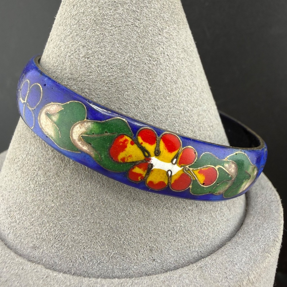 Vintage Estate Bangle Bracelet Blue Cloisonne Enamel Floral Gold Tone 7.75in